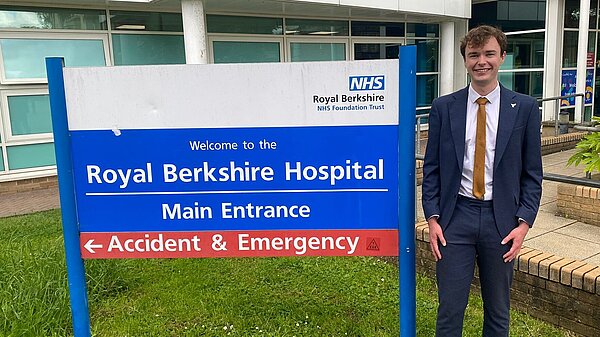 Parliamentary spokesperson Henry Wright outside the Royal Berkshire Hospital