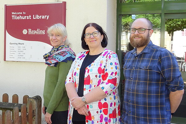 Tilehurst Lib Dem councillors outside Tilehurst library