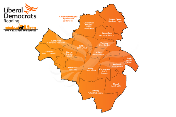 A map of the Borough of Reading showing the wards and candidates